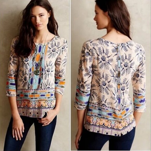 Maeve Anthropologie Sydney Silk Blouse Size 2 Button Down Floral Print Top XS - Picture 6 of 14